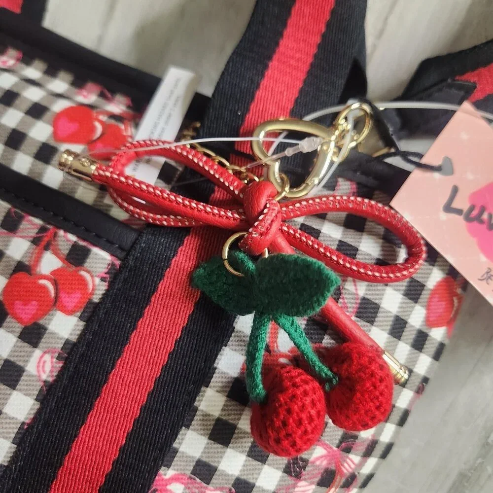 Betsey Johnson Cherry Gingham Tote Bag Black Red w/ Crossbody Strap NWT